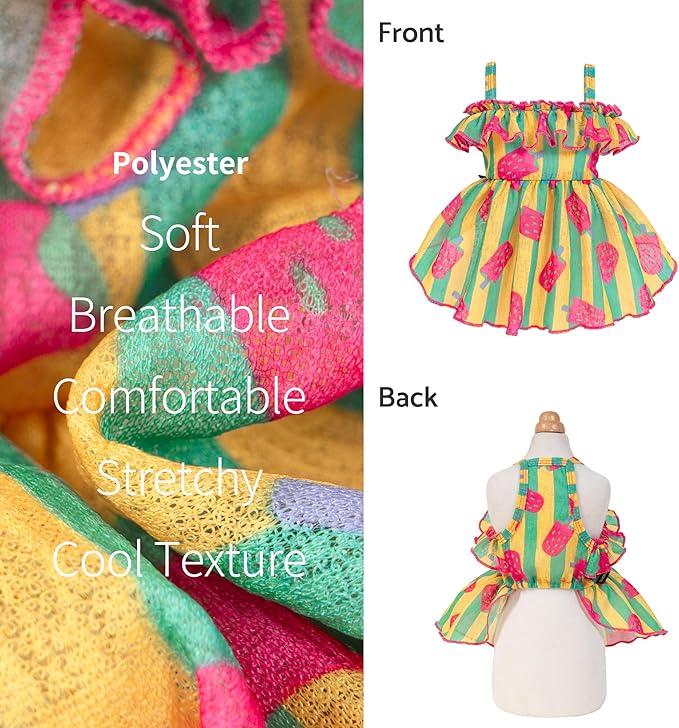Fitwarm Strawberry Ice Pop Dog Dress, Striped Summer Dog Clothes for Small Dogs Girl, Pet Outfit, Green, Yellow, Light Pink, Small