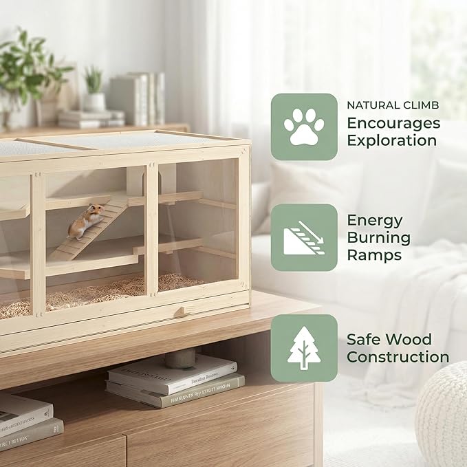 45" Extra Large Wooden Hamster Cage, Hamster Enclosure with Opening Roof & Multi-Levels, Extra Large Natural Habitat, Includes Ramps and Hut for Rabbit, Guinea Pig, Hedgehog Small Pets