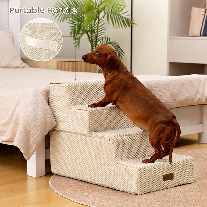 Aodisman Dog Stairs for Bed 18.5" H, 4-Step Dog Steps for Small Dogs and Cats, Indoor Non-Slip Balanced Pet Stairs are Suitable for Puppy, Older Cat,Beige