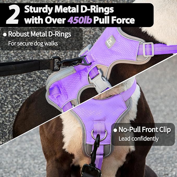 Huntboo Escape Proof Dog Harness, Escape Artist Harness, Reflective Harness with Padded Handle, Breathable, Adjustable Vest for Medium Dogs Walking, Training, and Running Gear (Lavender Purple, L)