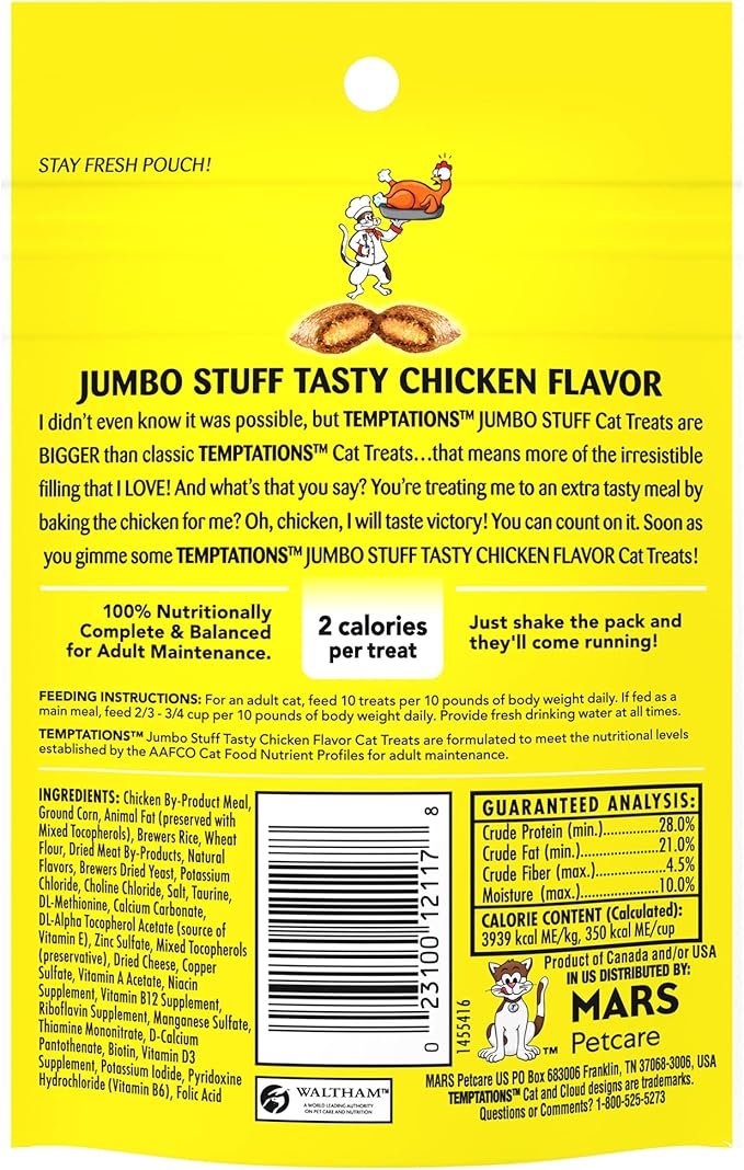 Temptations Jumbo Stuffed Cat Treats, Crunchy and Soft Cat Treats, Tasty Chicken Flavor, 2.5 oz. Pouch (Pack of 12)