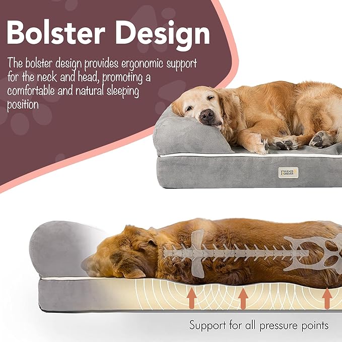 Friends Forever Orthopedic Dog Bed, Memory Foam Pet Sofa, Calming Dog Couch, Water Resistant Pet Bed, Washable Cover, Non-Slip Bottom, Chester, Grey, 25" x 20" x 5.5"