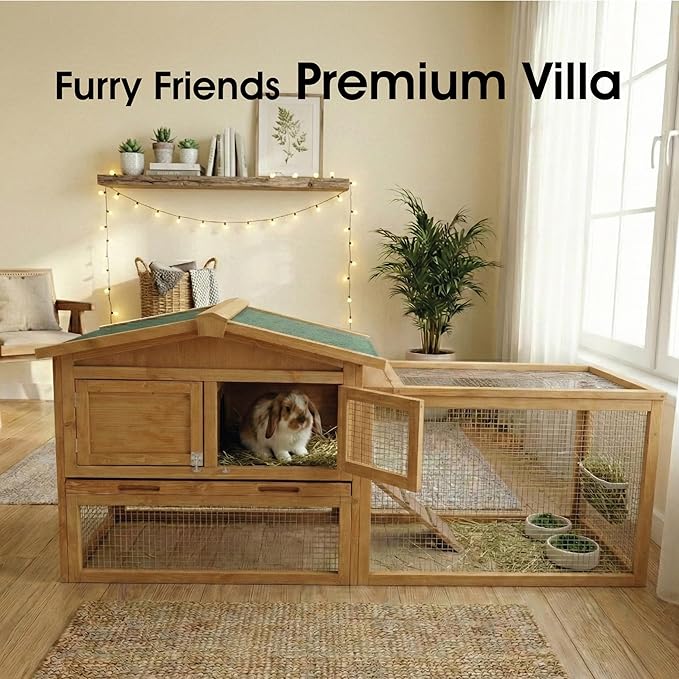 Wooden Rabbit Hutch Indoor and Outdoor, Large Rabbit Cage Chicken Coop Expandable, Weatherproof Bunny Cage with Anti-Chew Metal Frame Ramp for Backyard Small Animals Natural
