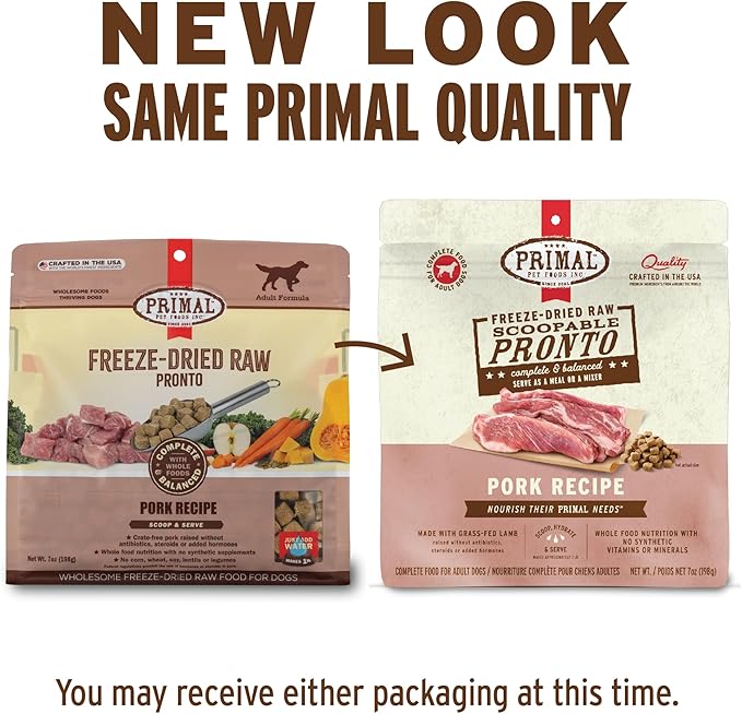 Primal Freeze Dried Dog Food, Pronto Mini Nuggets, Pork; Scoop & Serve, Complete & Balanced Meal; Also Use As Topper or Treat; Premium, Healthy, Grain Free, High Protein Raw Dog Food 25 oz (Pack of 2)