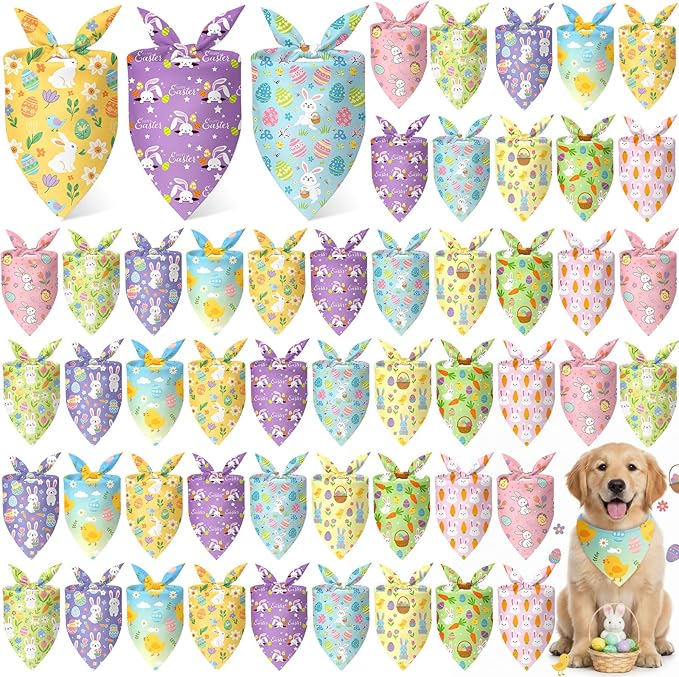 Weewooday 50 Pcs Easter Dog Bandanas Bulk with Bunny Rabbit Egg Carrot Pattern Soft Bibs Adjustable Triangle Pet Scarf Bowtie for Small Medium Large Costume Grooming(19.7 x 13.8 x 13.8 Inch)