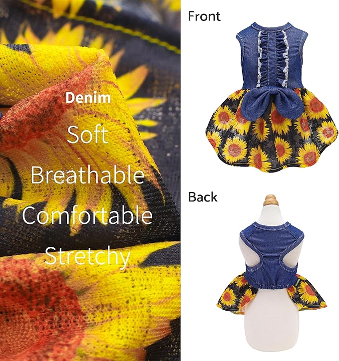 Fitwarm Sunflower Denim Dog Dress, Dog Clothes for Small Dogs Girl, Pet Cat Outfit, Blue, Black, Yellow, Red, XS