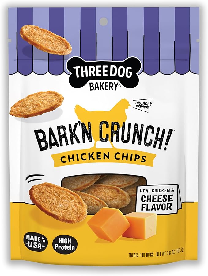 Three Dog Bakery Bark'N Crunch! Chicken & Cheese Chips with 100% Real Chicken - 3.8 oz - Crunchy Treats for Dogs - High Protein Dog Snacks - Grain Free, No Corn or Soy, Limited Ingredient Treats