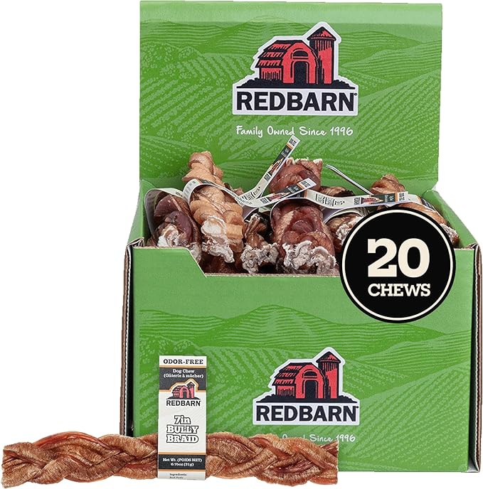 Redbarn Odor-Free 7" Braided Bully Sticks Dog Treat, All-Natural, Single-Ingredient, Rawhide-Alternative Beef Chew, 20 Count