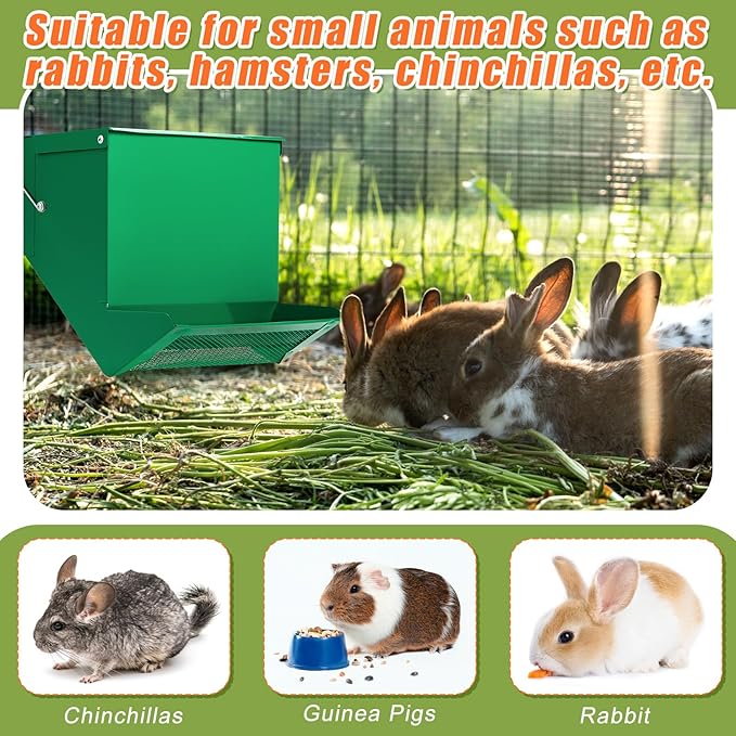 Maxcheck 2 Pcs Rabbit Feeder for Cages Small Animal Food Pellet Dispenser with Lid Metal Chicken Grit Oyster Shell Squirrel Feeders Outside(7.7 Inches,Mesh Bottom,Green)