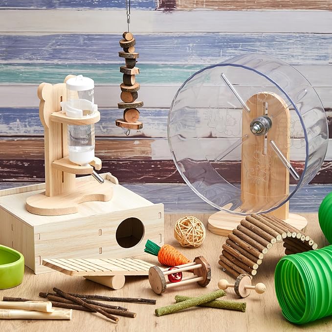 20 Pcs Hamster Toys Set, 16 Small Animal Chewing Toys, Maze Wood House, Silent Exercise Running Wheels and Water Bottle Set Feeding Bowl for Hamster Habitat Rat Cage Accessories(Green)