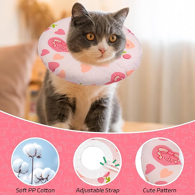 Seyezo Cat Cone Soft Collar - Adjustable Recovery E Collar for Small, Medium, Large Cats - Cute Donut After Surgery, Anti-Lick Wound Healing Elizabethan for Kittens (Pink Heart, Medium)