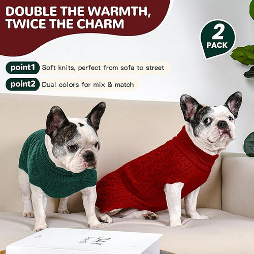 2 Pack Dog Sweaters for Medium Dogs Winter Turtleneck Pullover Cable Knit Fleece Stretch Frenchie Dachshund Pug Corgi Beagle Boy Girl Pet Clothes (L, Red & Green)