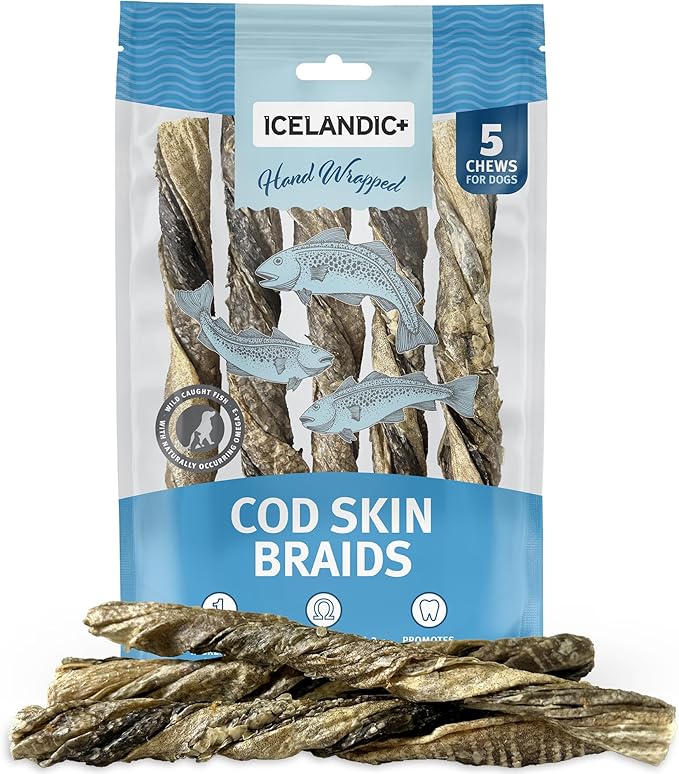 Icelandic+ Cod Skin Braids - 5 Pack - Dog Treat Chews, 5.5-7" Sticks, Single Ingredient, Air-Dried, Hand-Wrapped Wild-Caught Fish, Omega-3 Pet Snack