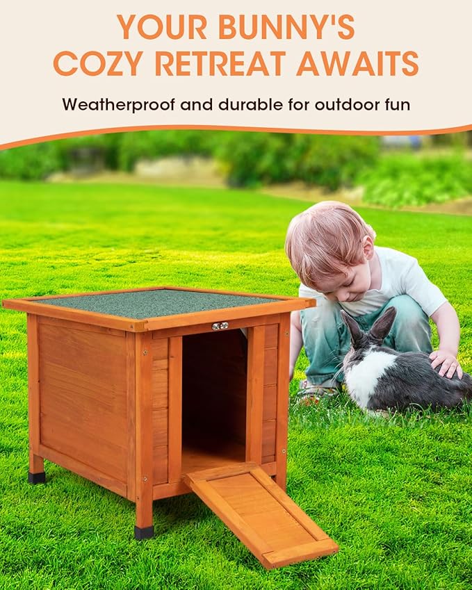 SANDINRAYLI Outdoor Cat House Weatherproof, Wooden Rabbit Hutch Bunny Cage Chicken Coops Shelter with Elevated Floor for Feral Cat/Bunny/Guinea Pig/Duck, Orange