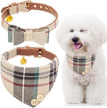 EXPAWLORER Dog Collar and Bandana Set - Classic Plaid Dog Bow Tie and Bandana Collar with PU Leather, Adjustable Collars for Small Medium Large Dogs Cats, Holiday Ideal Gift, Beige SM