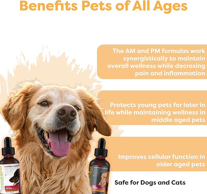 RestoraPet Organic Pet Antioxidant and Multi-Vitamin Supplement Dogs and Cats | Bacon Flavored Combo AM/PM Pack | Promotes Healthy Joints | Turmeric Curcumin CoQ10 | 2oz Liquid Drop Bottles