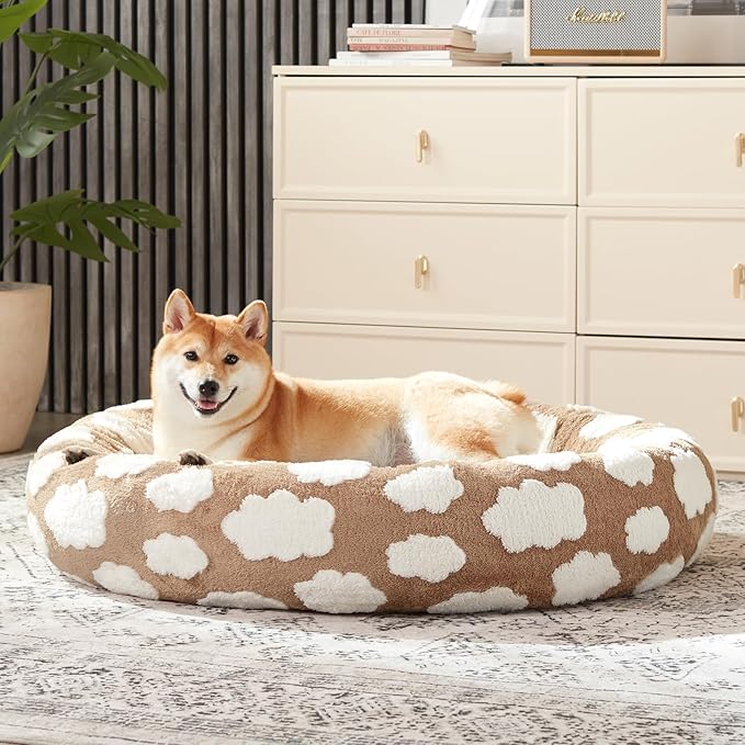 JOEJOY Donut Small Dog Bed, Round Cat Beds for Indoor Cats with Removable Washable Cover, Orthopedic Cute Puppy Kitten Pet Bed with Jacquard Shaggy Plush & Non Skid Bottom, Black