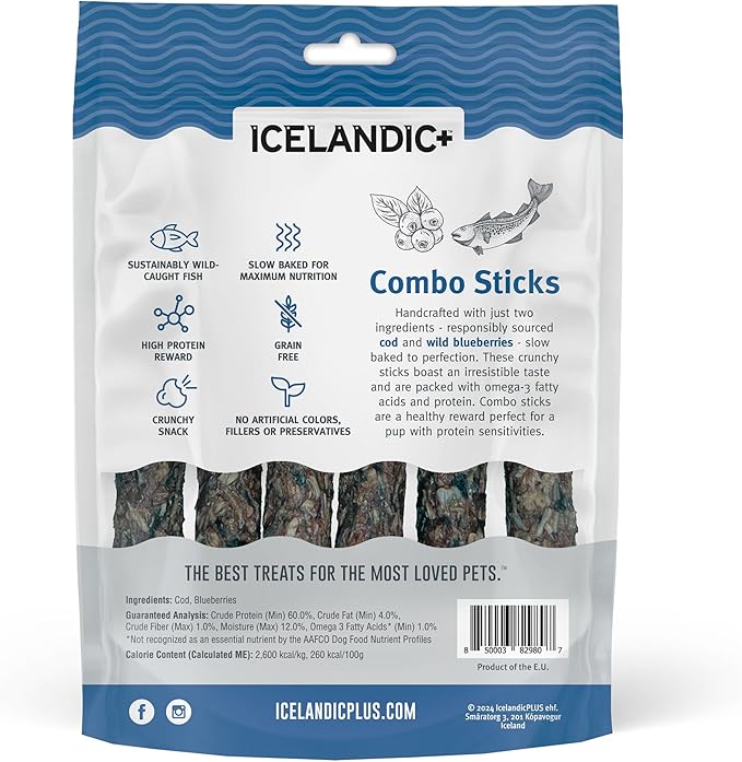 Icelandic+ Combo Sticks: Cod & Blueberry - 2oz - Dog Treats, Crunchy 2 Ingredient Pet Snacks, Preservative Free, Wild Caught Fish, Slow Baked, Natural