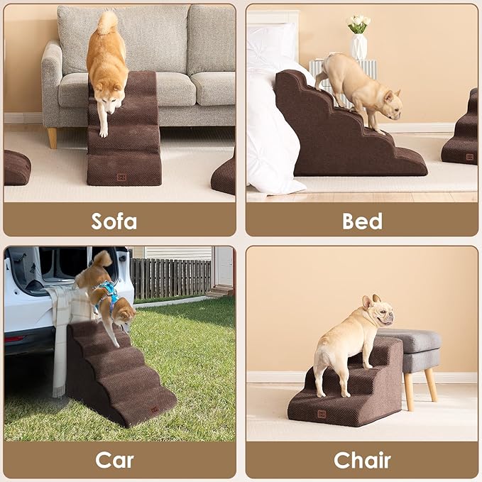 EHEYCIGA Curved Dog Stairs Ramp for High Beds 22.6" H, 5-Step Dog Steps for Small Dogs and Cats, Pet Stairs for High Bed Climbing, Non-Slip Balanced Pet Step Indoor, Brown