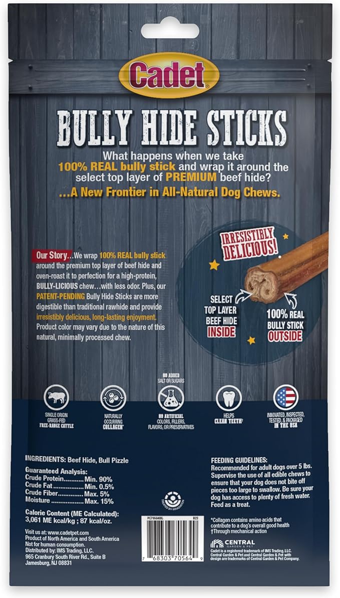 Cadet Bully Hide Sticks for Large Dogs – All-Natural Beef Pizzle, High Protein, Low Fat, Long-Lasting, Grain & Rawhide-Free Dog Chews for Aggressive Chewers, Large (8 Count)