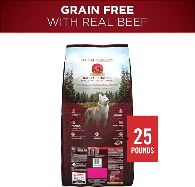 Purina ONE Grain Free Natural High Protein Dry Dog Food Formula True Instinct with Real Beef with Added Vitamins, Minerals and Nutrients - 25 lb. Bag