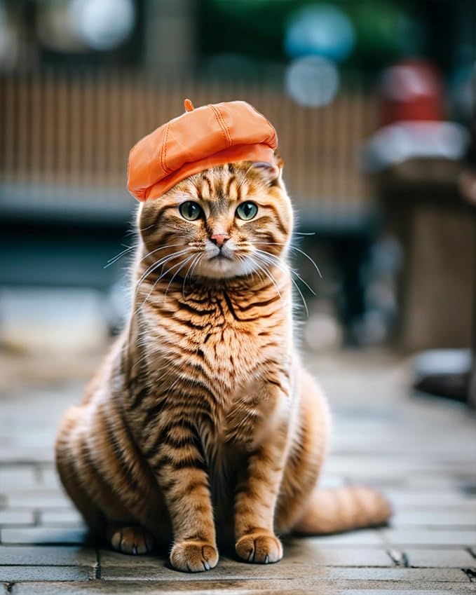 PET SHOW Dog Beret Hat for Small Dogs Cats Party Holiday Headband Cap French Leather Berets with Adjustable Chin Strap Cute Fashion Puppy Hats Pets Costumes Accessories(Orange,S)