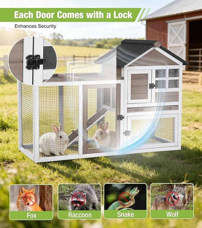 GUTINNEEN Rabbit Hutch Outdoor Rabbit Cage Indoor 51.6" L Waterproof Bunny Cage with Chew-Proof Ramp and Lockable Doors for Indoor Outdoor Use Brown
