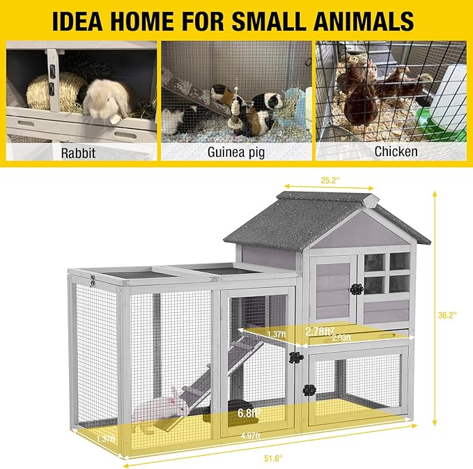 Aivituvin Rabbit Hutch Indoor Outdoor 51.6''L Chicken Coop Bunny Cage with Run,Guinea Pig House Pull Out Upper Tray (51.6" L x 25.2" W x 36.2" H, Grey-1 Set)