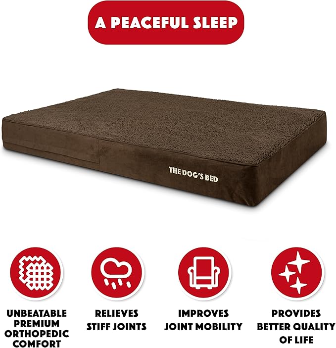 The Dog’s Bed Orthopedic Memory Foam Dog Bed for XXL Dogs, Waterproof Washable Cover, Anti-Slip Base, Calming Surface – CertiPUR-Certified Foam, Brown Plush, 6 Inch Thick