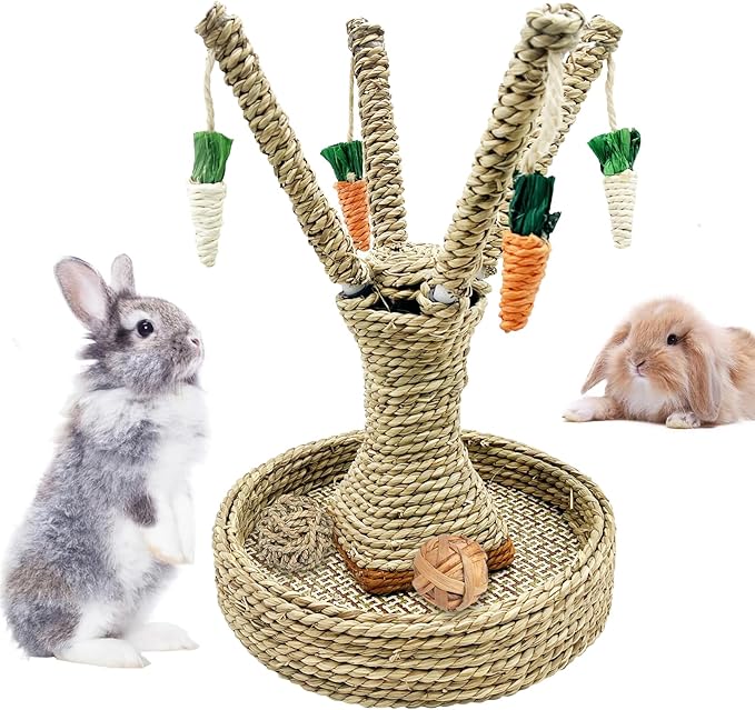 Hamiledyi Bunny Chew Toys Rabbit Rattan Grass Scratcher Climbing Tree Fun Tree Carrot Play Toys 10 Pcs Rabbit Chew Ball Timothy Grass Ball Small Animal Activity Play Chew Toys Teeth Grinding