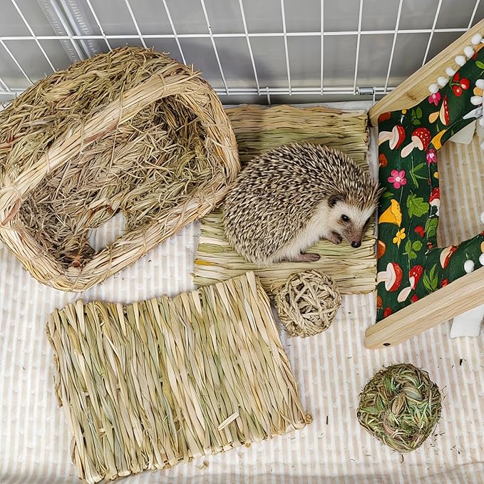 Hamiledyi Bunny Grass House Guinea Pig Grass Bed Hand-Woven Hay Hut Natural Seagrass Balls for Dwarf Rabbit Guinea Pig Chinchilla Ferret Hedgehog