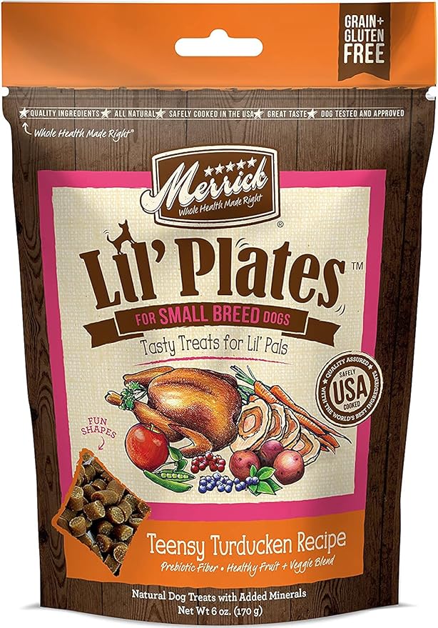 (4 Pack) Merrick Lil Plates Small Breed Natural Grain Free Dog Treats, 5 oz Pouch - Salom, Beef, Turducken, Chicken and 10ct Pet Wipes