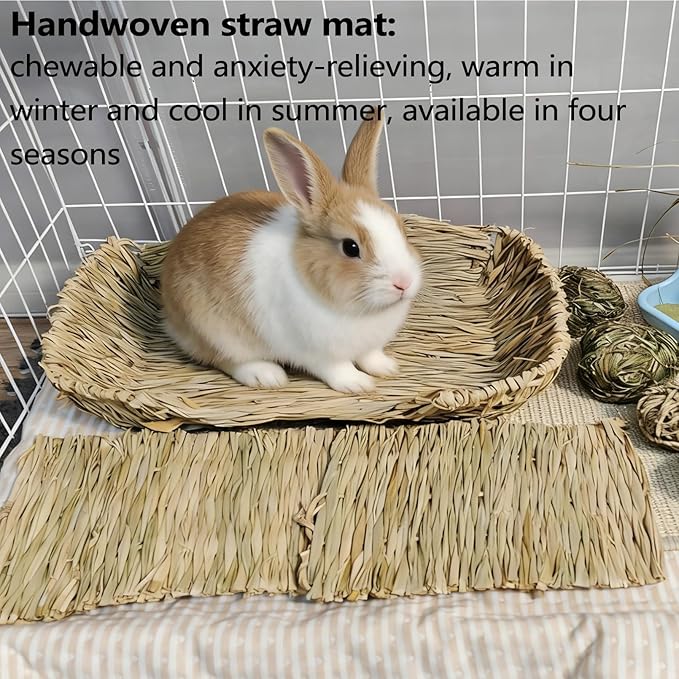 Hamiledyi Ex-Large Rabbit Grass Bed Natural Handmade Hay Mat Chew Balls for Drawf Rabbit Bunny Chinchilla Guinea Pig Ferret Hedgehog Rat