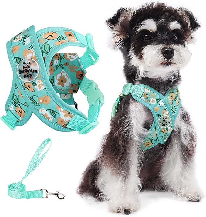 Patas Lague Dog Harness with Leash Set Adjustable Soft Padded Step-in Dog Vest No Choke No Pull Reflective for Medium Pets with Poop Bags and Dispenser, Solid and No-chew, Floral Green L