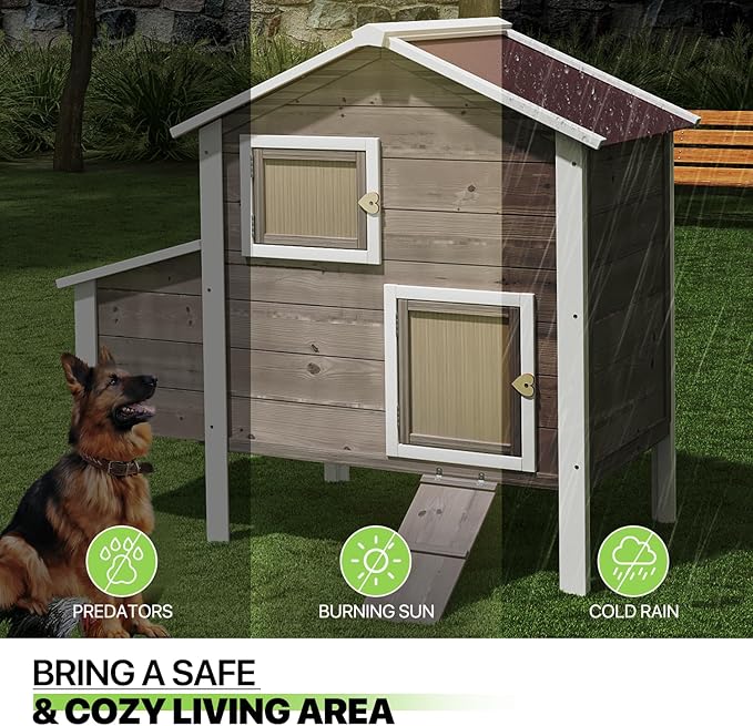 Magshion 46" Large Chicken Coop Rabbit Hutch with 2 Nesting Box, Wooden Raised Hen House with Removable Trays, Outdoor Poultry Cage Pet House with Ramp Run Hen Cage for Garden Backyard