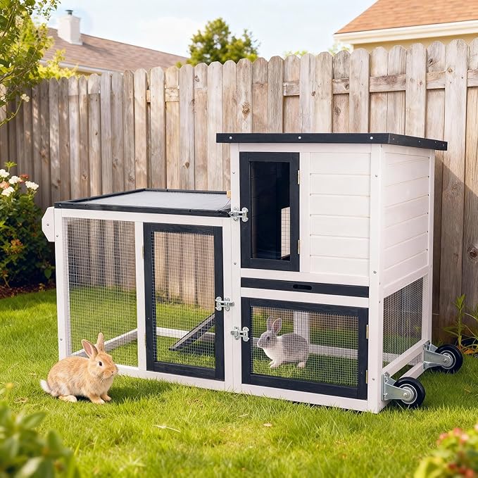 Rabbit Hutch Indoor Outdoor Bunny Cage, Weather Resistant Openable Roof, Slide Out Tray, Handle & Rolling Wheels, Chicken Coop, 48.05" L x 26.02" W x 34.3" H, White