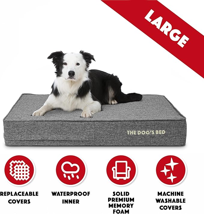 The Dog’s Bed Orthopedic Memory Foam Dog Bed for Large Dogs, Waterproof Washable Cover, Anti-Slip Base, Calming Surface – CertiPUR-Certified Foam, Grey Linen, 6 Inch Thick