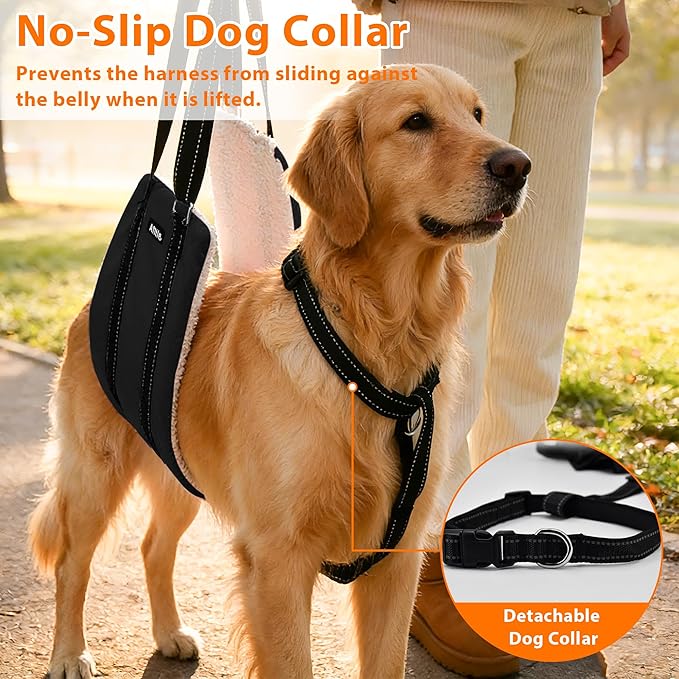 AIITLE Dog Sling Carrier with Detachable Collar - Adjustable Anti-Slip Reflective Dog Lift Harness with Comfort Handle for Senior Dogs, Hind Leg Weakness, Hip Dysplasia, ACL Surgery (Black, M)