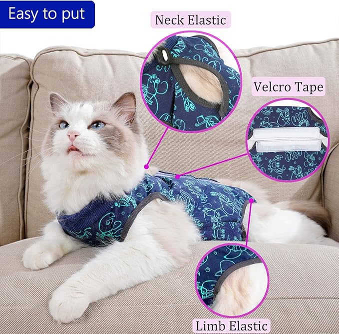 kzrfojy Cat Surgery Recovery Suit Onesie for Cats After Surgery for Surgical Abdominal Wound Or Skin Diseases E-Collar Alternative Wear Neutering Bodysuit Wear (Dark-Blue-M)