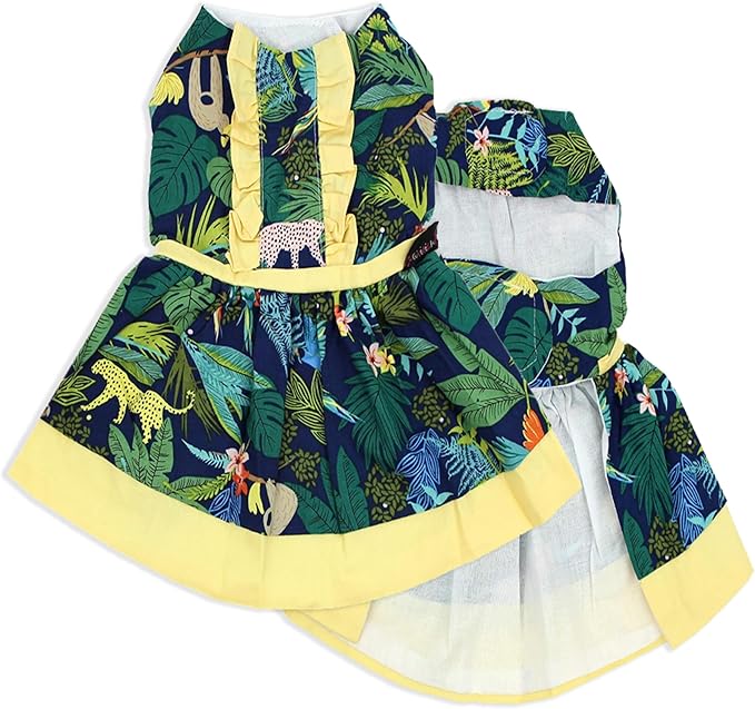 Parisian Pet Amazonia Dog Dress - Summer Clothes for Large Dogs Girl - Tropical Pet Dress - Beach Dog Outfit - Lightweight Puppy Clothes - Jungle Print Dresses for Dogs - Female Dog Apparel