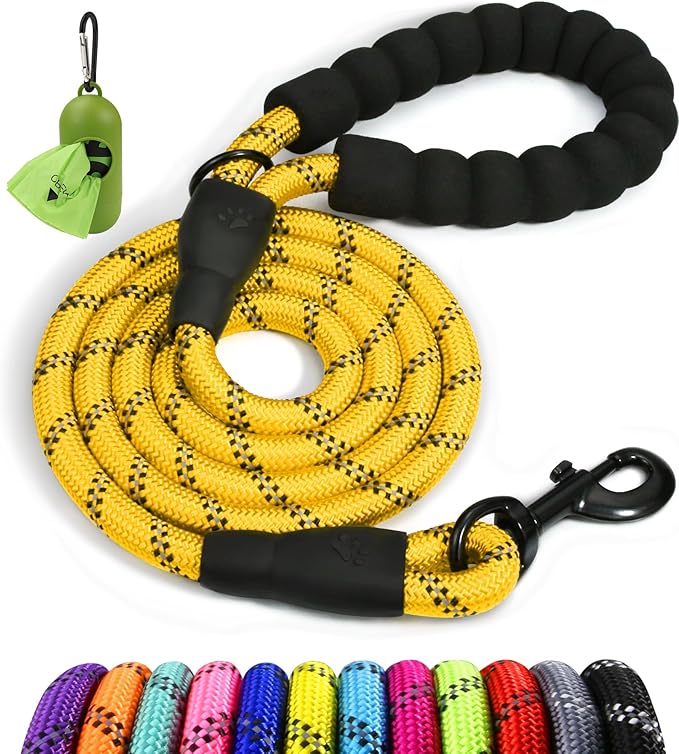 Taglory Rope Dog Leash 6 FT with Comfortable Padded Handle, Highly Reflective Threads Leash and Anti-Tangle Clip for Walking Small Dogs, 3/8 inch, Yellow