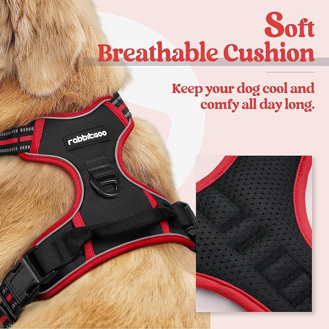 rabbitgoo Dog Harness No Pull with 2 Leash Clips, Adjustable Soft Padded, Reflective Oxford No Choke Pet Vest with Easy Control Handle for Medium Sized Dogs, Black & Red, M