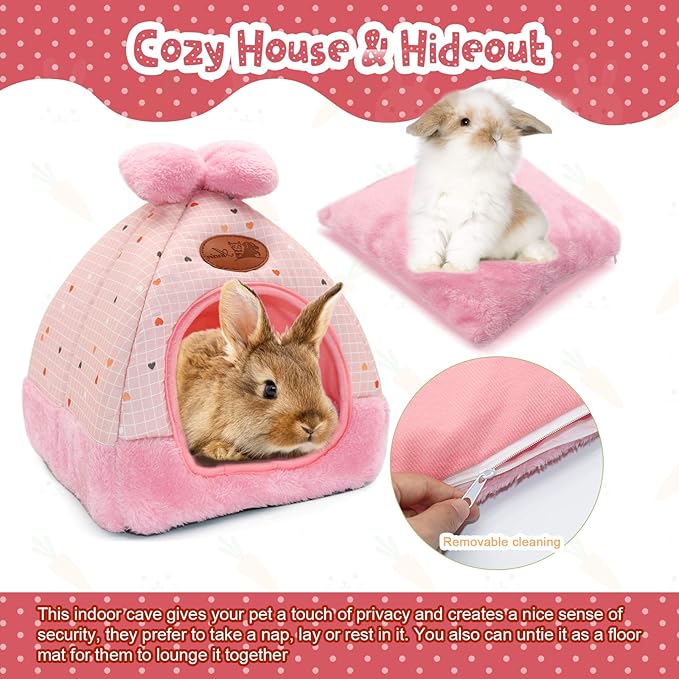 YUEPET Bunny Bed Warm Guinea Pig Cave Beds Cute Bowknot House Big Hideouts Cage Accessorie for Dwarf Rabbits Hamster Bunny Ferrets Rats Hedgehogs Chinchilla (Pink Grid)