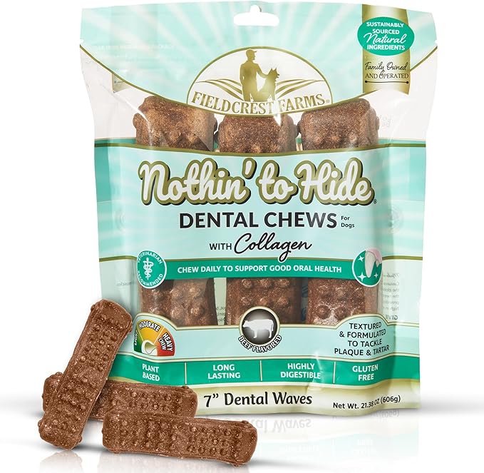 Fieldcrest Farms Dental Chews for Dogs, Wave (7inches, 3count Pack) – Tackles Plaque, Tartar, Promotes Dental Health – w/Collagen, Organic, Gluten-Free
