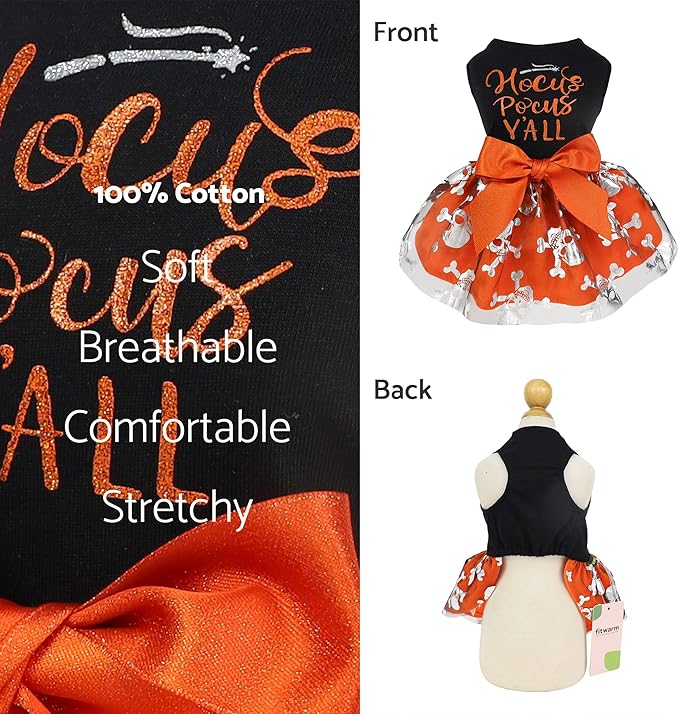 Fitwarm Hocus Pocus Y'all Funny Dog Halloween Tulle Dress, Holiday Dog Clothes for Small Dogs Girl, Funny Pirate Skull Pet Costume, Witch Cat Outfit, Orange, Black, Small