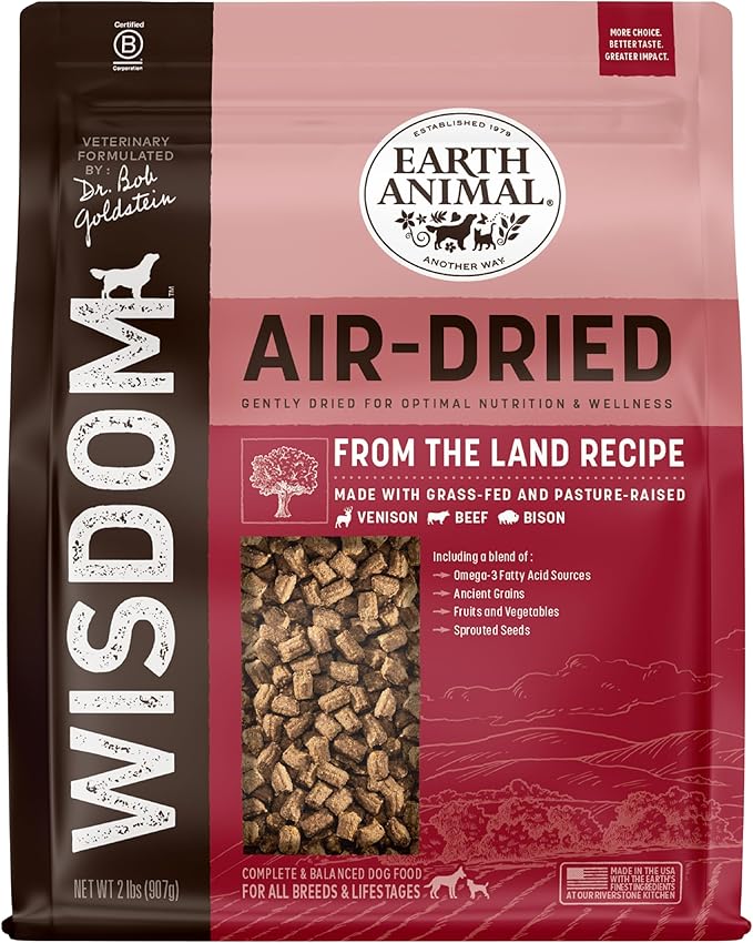 Earth Animal Wisdom Air Dried Dog Food - From the Land Recipe Premium Natural Dry Dog Food for All Breeds & Ages - 2 Lbs Bag