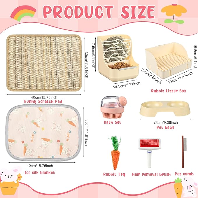 Honeydak 10 Pcs Rabbit Starter Kit Small Litter Box Bunny Grooming Kit Scratch Pads Hay Feeder Bowl Ice Pad with Bunny Toys for Guinea Pig Rabbit Accessories(Beige)