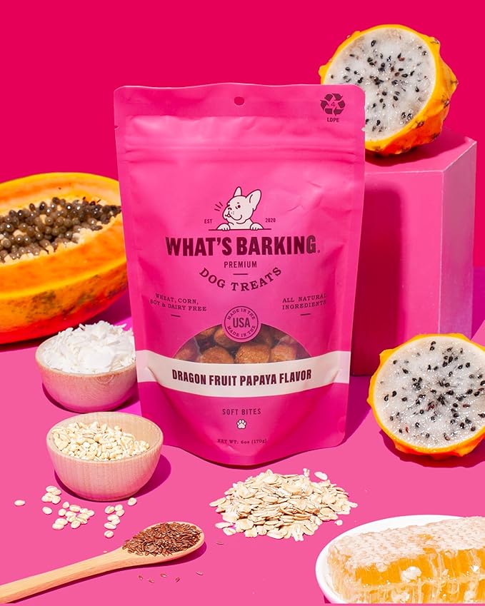 What's Barking Soft Bites, Soft Chewy Dog Treats for Training or Snacking, Pet Essentials, Bite Size Pieces for Dogs, Natural Ingredients, Made in USA, Resealable Bag (Pack of 1, Dragon Fruit Papaya)