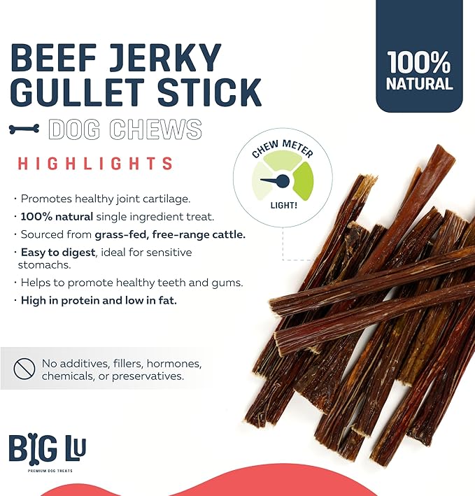 Big Lu - 6-Inch Beef Jerky Sticks for Dogs, 6 Count, All-Natural Beef Gullet, Grass-Fed Jerky Chews, Fully Digestible, High-Protein Treats with Glucosamine and Chondroitin for Joint Health