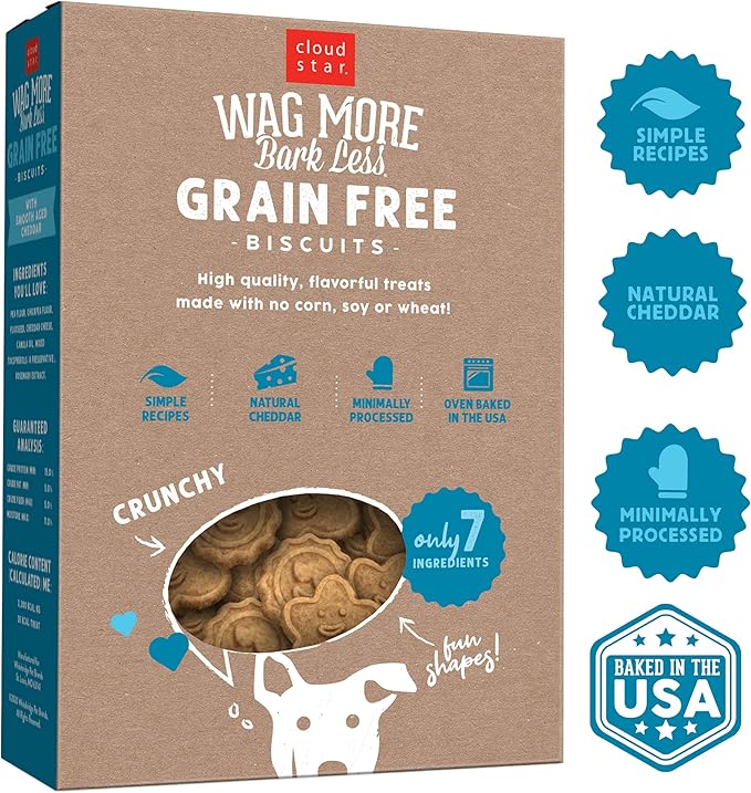 Cloud Star Wag More Bark Less Crunchy Grain Free Dog Treats, Cheddar Cheese, 14 oz. Box (Pack of 2)